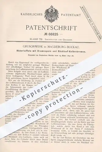 original Patent - Grusonwerk , Magdeburg Buckau  1892 , Räderlaffete mit Bremssporn und Rücklauf - Kolbenbremse | Waffen