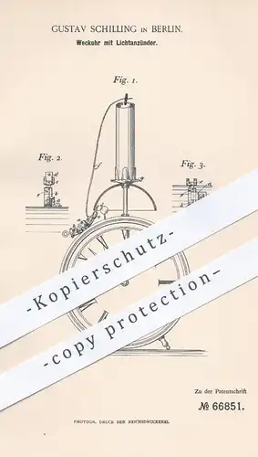 original Patent - G. Schilling , Berlin , 1892 , Weckuhr mit Lichtanzünder | Uhr , Uhren , Uhrmacher , Uhrwerk , Licht !