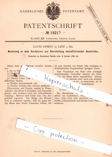 original Patent - Louis Horst in Linz a. Rh. , 1882 , Verfahren zur Herstellung desinficirender Anstriche !!!