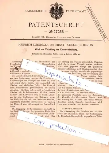 original Patent - Heinrich Deininger und Ernst Schulze in Berlin , 1883 , Mittel zur Verhütung der Kesselsteinbildun !!!