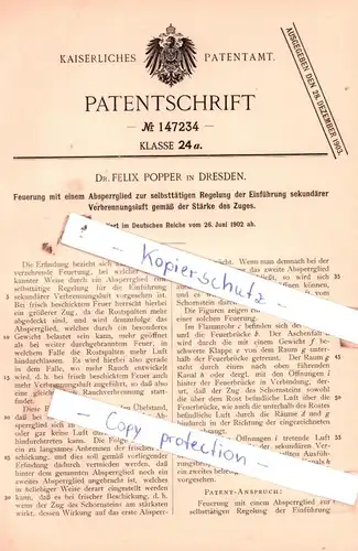 original Patent - Dr. Felix Popper in Dresden , 1902 , Feuerung mit einem Absperrglied zur selbsttätigen Regelung !!!