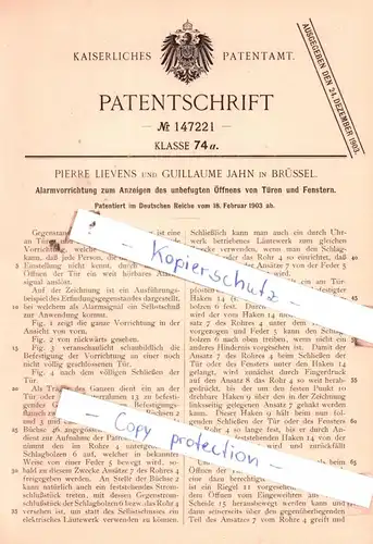 original Patent - Pierre Lievens und Guillaume Jahn in Brüssel , 1903 , Alarmvorrichtung !!!