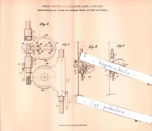 original Patent - Pierre Lievens und Guillaume Jahn in Brüssel , 1903 , Alarmvorrichtung !!!