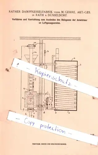 original Patent - Rather Dampfkesselfabrik in Rath b. Düsseldorf , 1903 , Vorrichtung zum Anzünden des Heizgases !!!