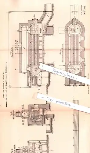 original Patent - Hermann Ketzer in Duisburg , 1883 , Wasserröhrenkessel mit Endkammern !!!