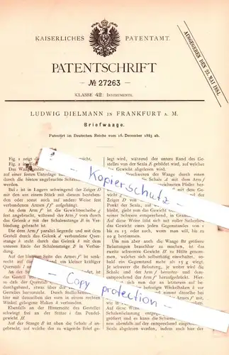 original Patent - Ludwig Dielmann in Frankfurt a. M. , 1883 , Briefwaage !!!