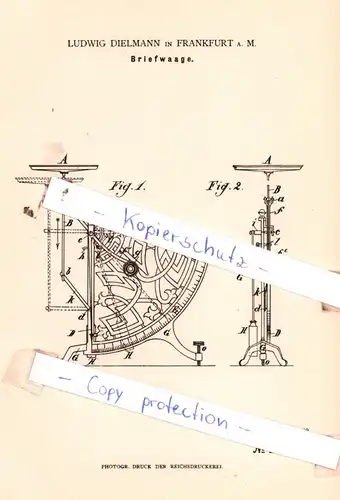 original Patent - Ludwig Dielmann in Frankfurt a. M. , 1883 , Briefwaage !!!