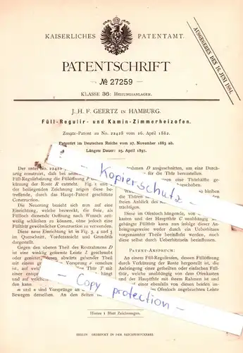 original Patent - J. H. F. Geertz Hamburg  , 1883 ,  Füll - Regulir- und Kamin - Zimmerheizofen !!!