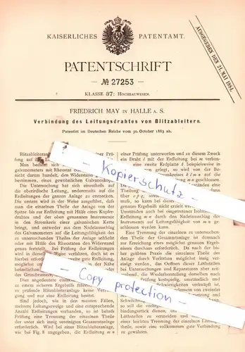 original Patent - Friedrich May in Halle a. S. , 1883 , Verbindung des Leitungsdrahtes von Blitzableitern !!!