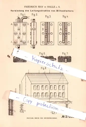 original Patent - Friedrich May in Halle a. S. , 1883 , Verbindung des Leitungsdrahtes von Blitzableitern !!!