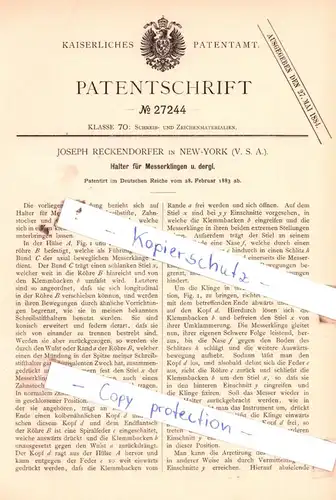 original Patent - Joseph Reckendorfer in New-York , V. S. A. , 1883 ,  Halter für Messerklingen u. dergl. !!!