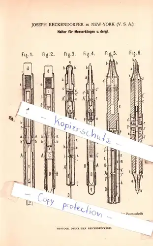 original Patent - Joseph Reckendorfer in New-York , V. S. A. , 1883 ,  Halter für Messerklingen u. dergl. !!!