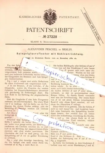 original Patent - Alexander Peschel in Berlin , 1882 , Spiegelglasreflektor mit Kühlvorrichtung !!!