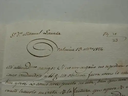 Handschriftlicher Brief von Valencia nach Cádiz an Manuel Lasala , 1824 , gestempelt !!!