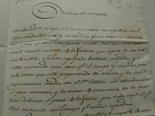 Handschriftlicher Brief von Valencia nach Cádiz an Manuel Lasala , 1824 , gestempelt !!!