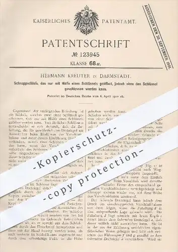 original Patent - H. Kreuter , Darmstadt , 1900 , Schnappschloss mit Schlüssel , Türschloss , Tür , Schloss , Schlosser