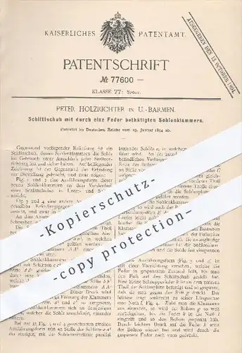 original Patent - Peter Holzrichter , U.- Barmen , 1894 , Schlittschuh mit durch eine Feder betätigten Sohlenkammern !!!