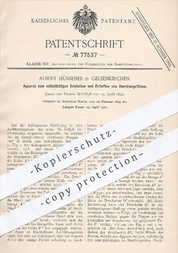 original Patent - Albert Hüssener , Gelsenkirchen , 1894 , Schließen u. Entlüften von Sterilisiergefäßen , Sterilisation