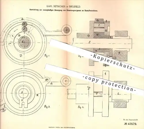 original Patent - Karl Reyscher in Bielefeld , 1887 , zwangläufige Bewegung von Steuerungen an Dampfmaschinen !!!