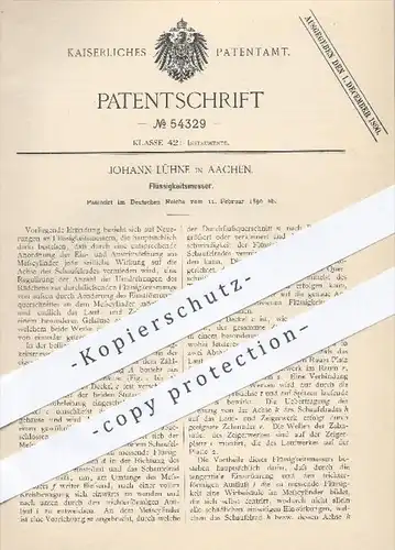 original Patent - Johann Lühne in Aachen , 1890 , Flüssigkeitsmesser , Flüssigkeit , Messzylinder , Wasser , Schaufelrad