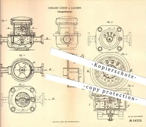 original Patent - Johann Lühne in Aachen , 1890 , Flüssigkeitsmesser , Flüssigkeit , Messzylinder , Wasser , Schaufelrad