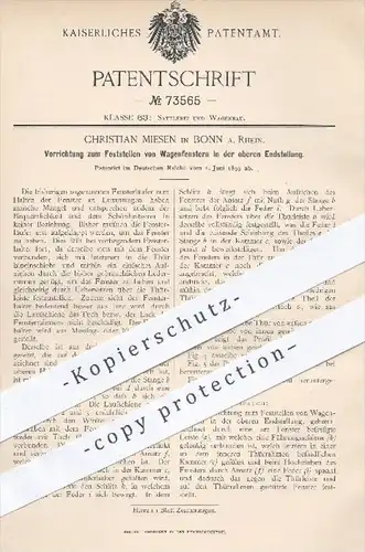 original Patent - Ch. Miesen , Bonn / Rhein , 1893 , Feststellen der Wagenfenster , Fenster , Fahrzeugbau , Wagenbau !!!