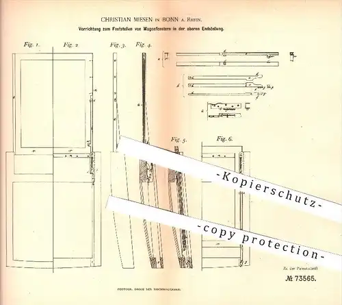 original Patent - Ch. Miesen , Bonn / Rhein , 1893 , Feststellen der Wagenfenster , Fenster , Fahrzeugbau , Wagenbau !!!