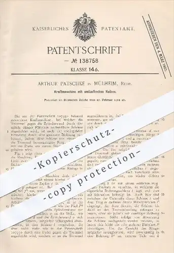 original Patent - Arthur Patschke , Mülheim / Ruhr , 1902 , Kraftmaschine mit umlaufendem Kolben , Dampfmaschine , Motor