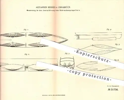 original Patent - A. Behnes , Osnabrück , 1884 , Installierung von Schraubenpropeller , Schiffe , Schiffbau , Propeller