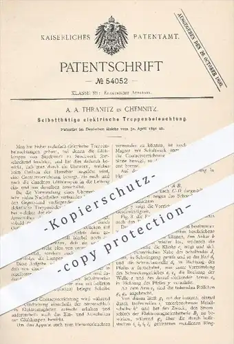 original Patent - A. A. Thranitz , Chemnitz , 1890 , elektrische Treppenbeleuchtung , Treppe , Treppen , Licht , Lampen