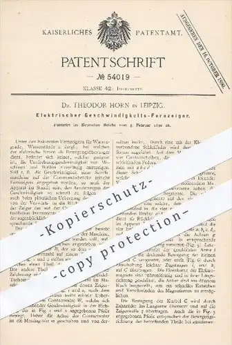 original Patent - Dr. Theodor Horn in Leipzig , 1890 , Elektrischer Fernzeiger für Geschwindigkeit , Umdrehungen , Strom