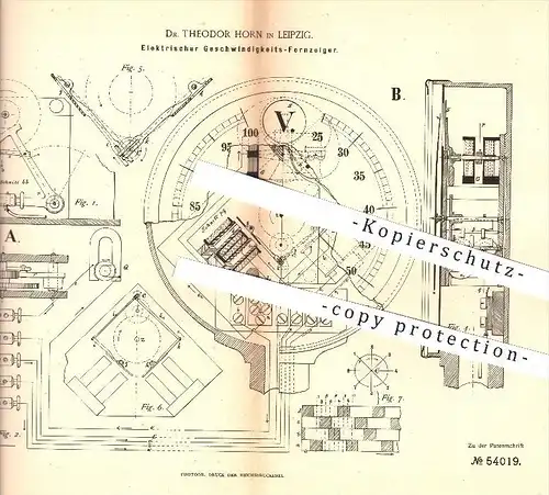 original Patent - Dr. Theodor Horn in Leipzig , 1890 , Elektrischer Fernzeiger für Geschwindigkeit , Umdrehungen , Strom