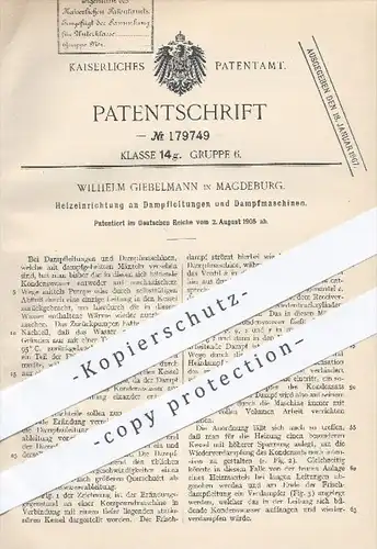 original Patent - W. Giebelmann , Magdeburg , 1905 , Heizeinrichtung an Dampfleitungen u. Dampfmaschinen , Heizung !!!