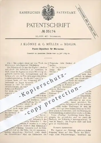 original Patent - J. Klönne & G. Müller in Berlin , 1885 , Pendel - Objekttisch für Mikroskope , Mikroskop , Tisch !!!