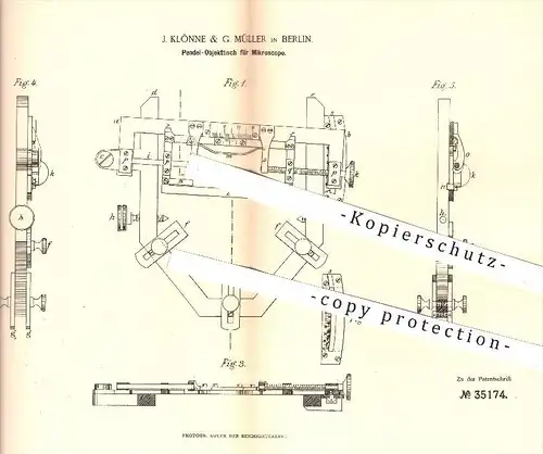 original Patent - J. Klönne & G. Müller in Berlin , 1885 , Pendel - Objekttisch für Mikroskope , Mikroskop , Tisch !!!
