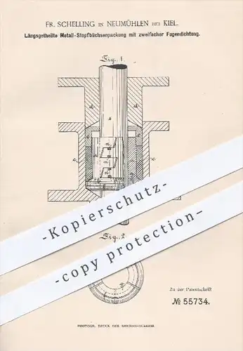 original Patent - Fr. Schelling , Neumühlen , Kiel , 1890 , Metall - Stopfbüchsenverpackung mit 2-facher Fugendichtung