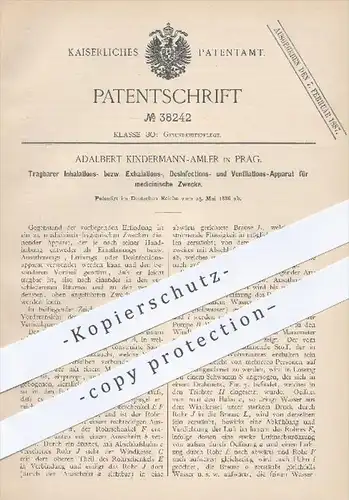 original Patent - A. Kindermann - Amler , Prag , 1886 , Inhalation , Exhalation , Desinfektion , Ventilation für Medizin