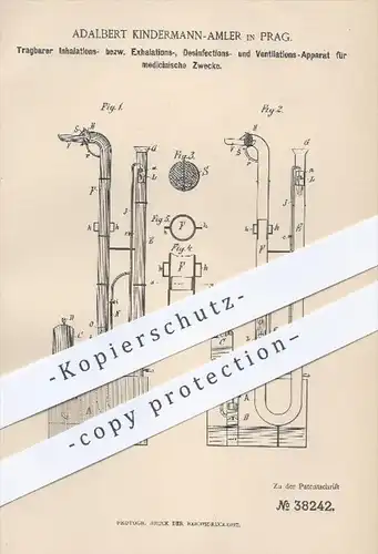 original Patent - A. Kindermann - Amler , Prag , 1886 , Inhalation , Exhalation , Desinfektion , Ventilation für Medizin