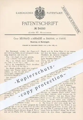 original Patent - Graf Bernard d'Abbadie de Barrau , Paris , 1885 , Dachziegel , Ziegel , Ziegelei , Dach , Dachdecker !