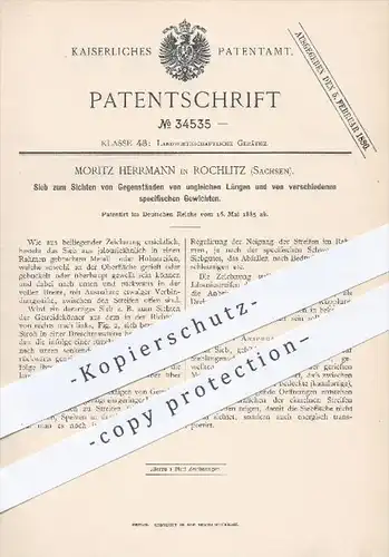 original Patent - M. Herrmann , Rochlitz , 1885 , Sieb zum Sichten von Gegenständen ungleicher Länge , Landwirtschaft !!
