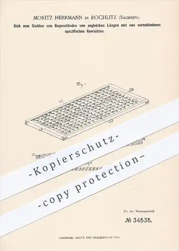 original Patent - M. Herrmann , Rochlitz , 1885 , Sieb zum Sichten von Gegenständen ungleicher Länge , Landwirtschaft !!