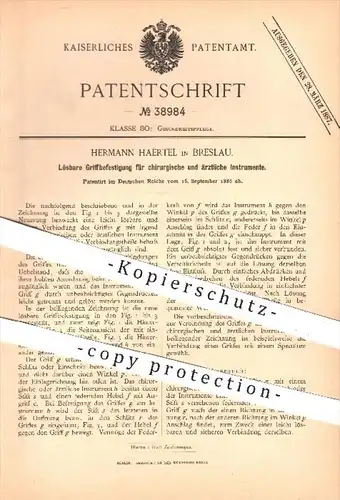 original Patent - H. Haertel , Breslau 1886 , Griffbefestigung für chirurgische , ärztliche Instrumente , Medizin , Arzt