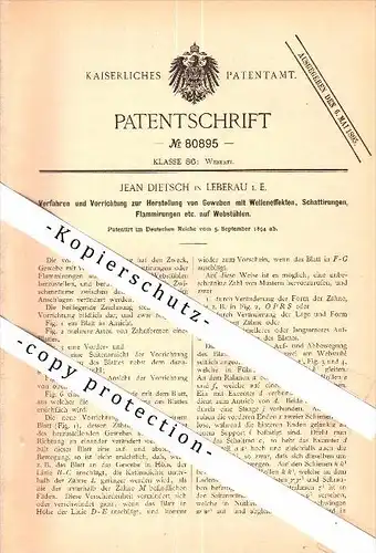 Original Patent - Jean Dietsch in Liepvre / Leberau i.E. , 1894 , La production de tissu sur des métiers !!!