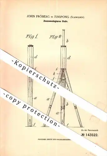 Original Patent - John Fröberg in Finspang , Schweden , 1902 , zusammenlegbares Stativ , Kamera !!!