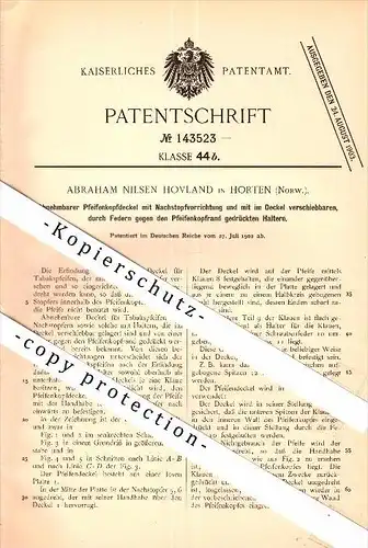 Original Patent - Abraham Hovland in Horten , Norway , 1902 , abnehmbarer Deckel für Pfeifen !!!