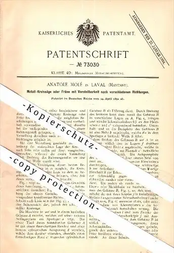 Original Patent - Anatole Molé à Laval / Mayenne , 1892 , scie circulaire !!!