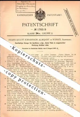 Original Patent - Frans Algot Almqvist in Nässjö / Schweden , 1905 , Stange für Gardinen !!!