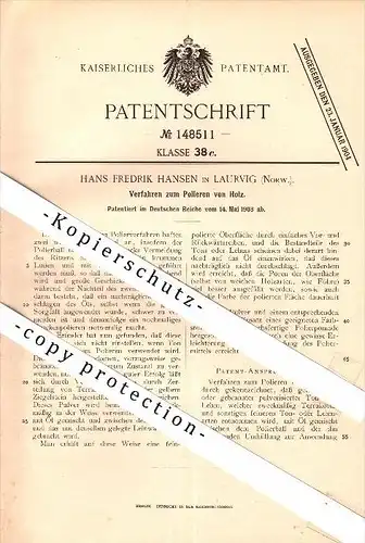 Original Patent - Hans Fredrik Hansen in Laurvig / Larvik , Norway , 1903 , Polieren von Holz !!!