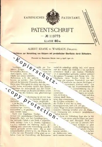 Original Patent - Albert Krank in Varkaus , Finland , 1900 , parabolische Körpern , Kuopio und Savonlinna !!!