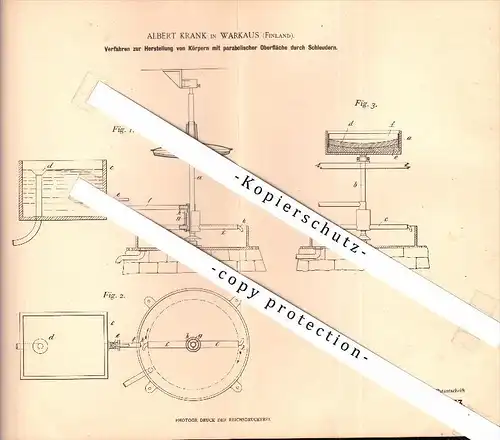 Original Patent - Albert Krank in Varkaus , Finland , 1900 , parabolische Körpern , Kuopio und Savonlinna !!!